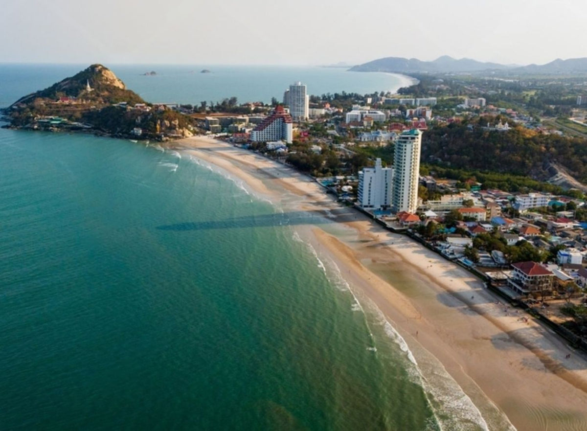 Aerial view of Hua Hin's coastline and beachfront hotels, Thailand